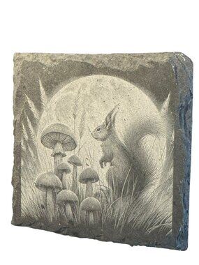 Engraved Slate Rock Coaster with Squirrel and Mushroom Moonlit Forest Design,